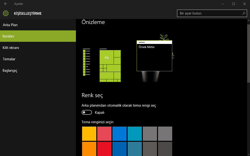 Windows 10 Renk düzenini değiştirin