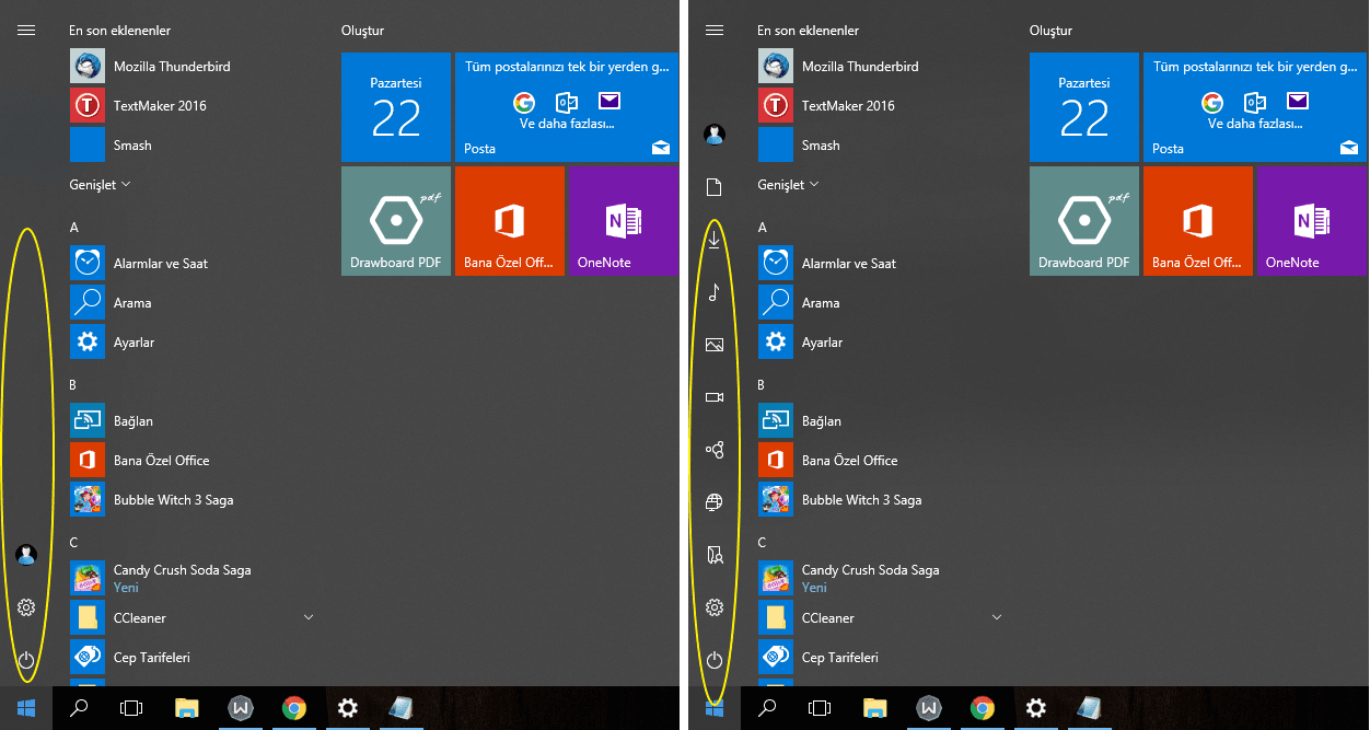 Windows 10’da Başlat Menüsüne Dosya Gezgini, Dosyalar, Ağ vb. klasörlerin ve düğmeleri nasıl eklenir