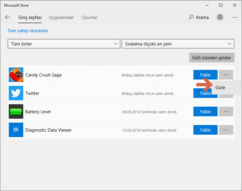 Microsoft Mağazamdaki Uygulamalarımı gizle veya göster