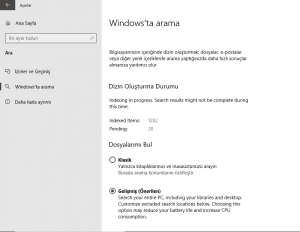Windows 10’da Search Indexer için Gelişmiş Mod’u Açma/Kapatma