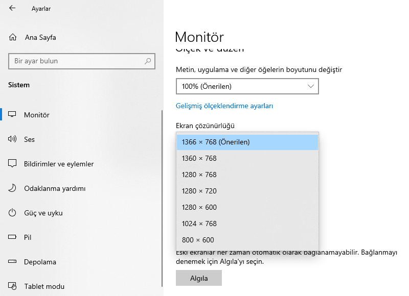 Windows 10’da Ekran çözünürlüğünü değiştirme