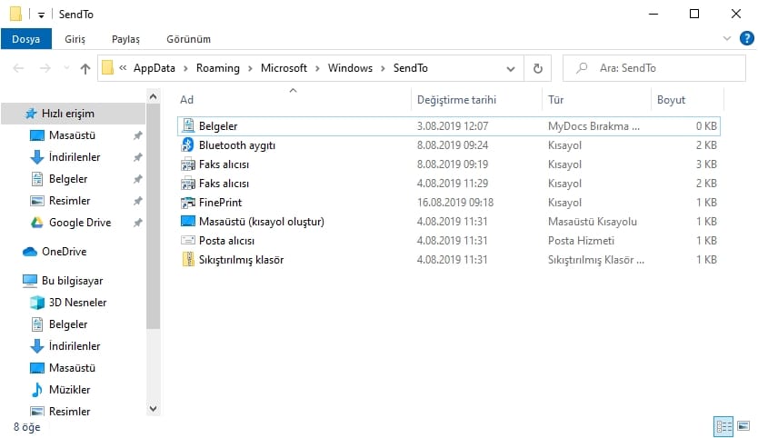 Windows 10’da “Gönder” menüsüne klasör ekleme