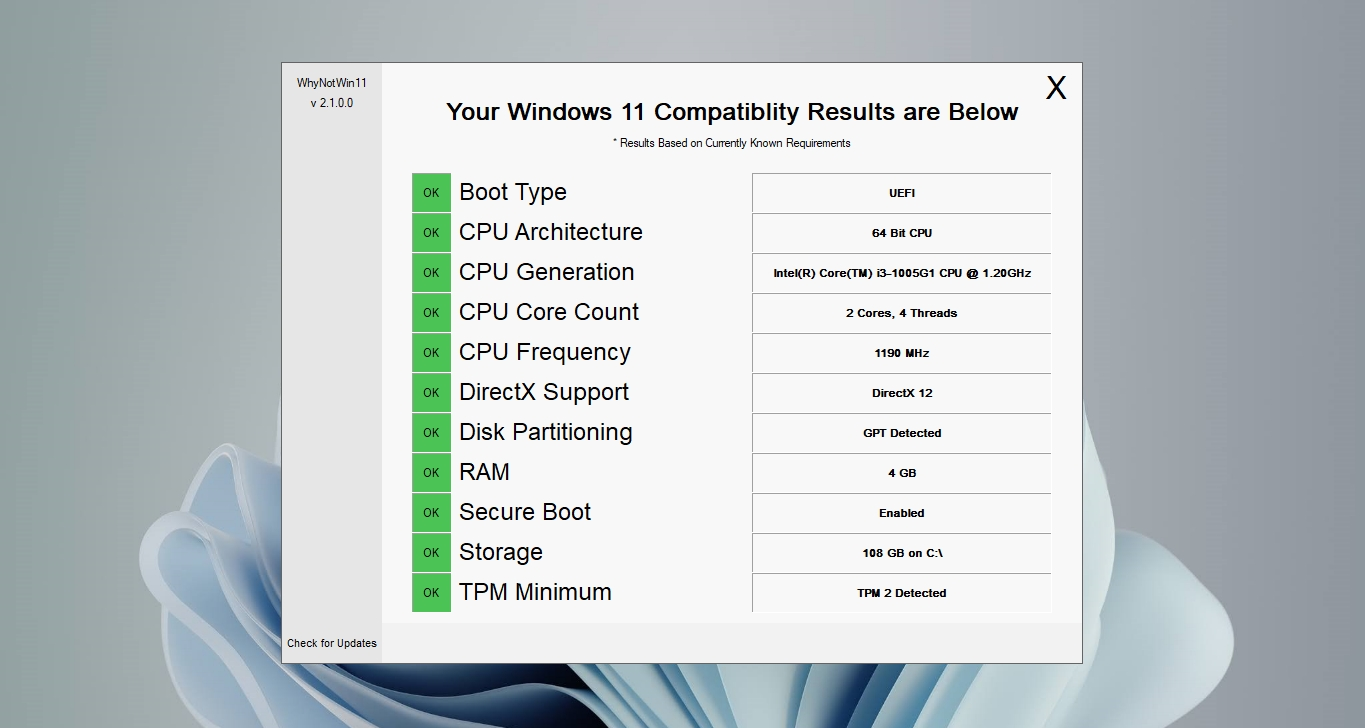 WhyNotWin11 – Windows 11 PC Uyumluluğunu Kontrol Etmek için Alternatif Araç